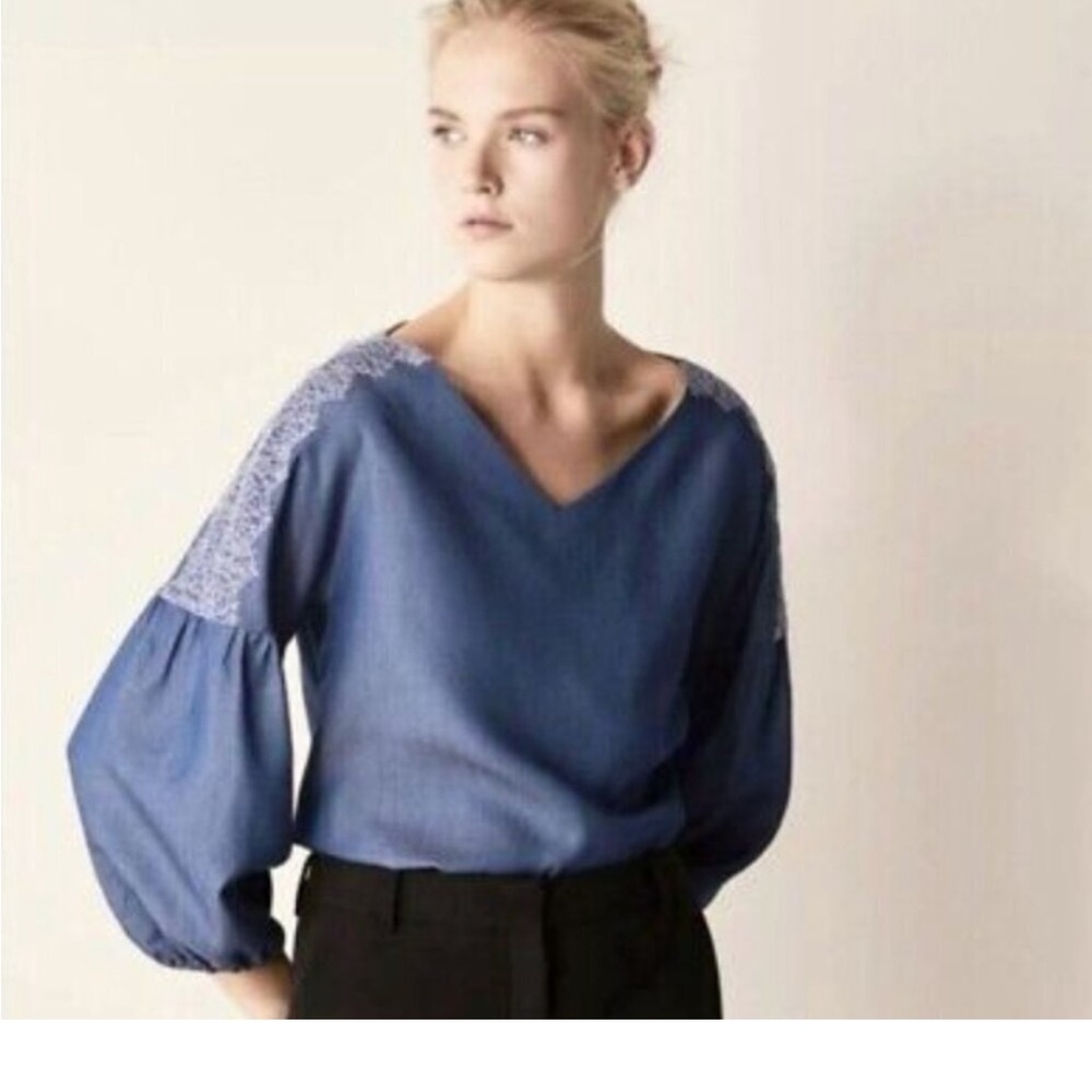 Massimo Dutti - Blue Chambray V-Neck Puff Sleeve Blouse Top Lace Detail - Size 2
